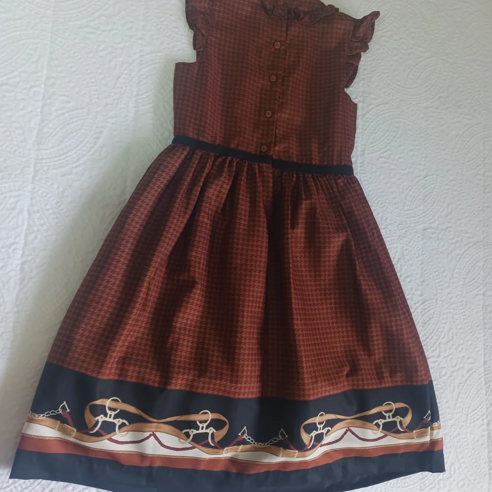 Janie and Jack Rust Brown Houndstooth Ruffle Neck Dress with Black Trim